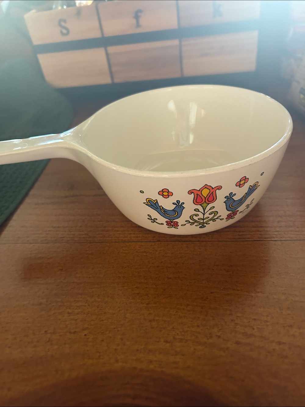 Corningware White Handled Saucepan with Blue & Red Folk Bird Motif